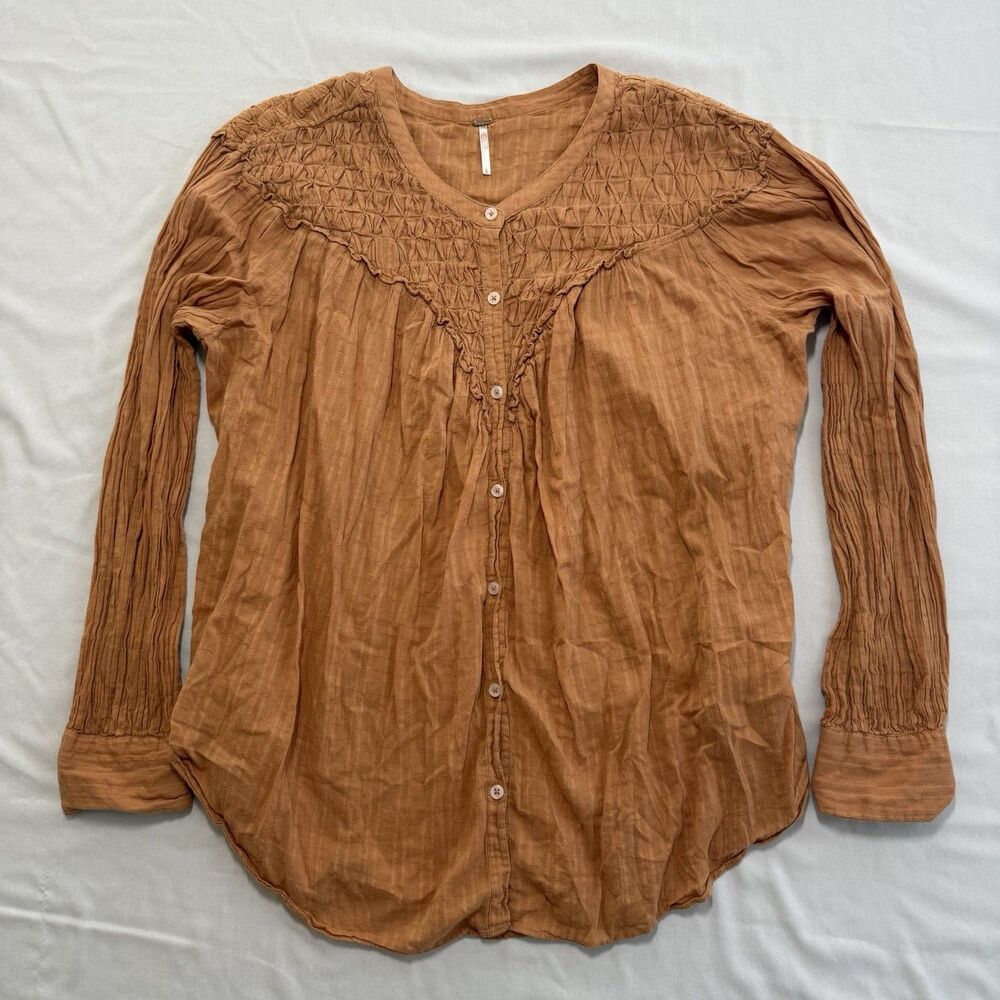 Free People Marigold Buttondown Top Burnt Orange Women Size Large Blouson Sleeve
